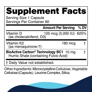 D3+K2 Pro supplement facts panel: vitamin D3, vitamin K2 as MK-7 and BioActive Carbon