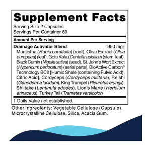 CellCore Drainage Activator supplement facts panel with the 950 mg blend of herbs, mushrooms and BioActive Carbon