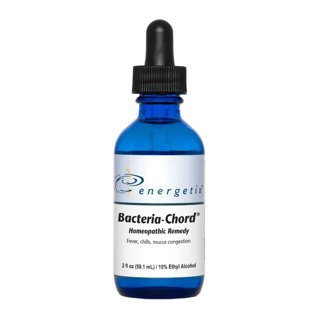 Energetix Bacteria-Chord homeopathic remedy, front of the 2 fl oz blue dropper bottle
