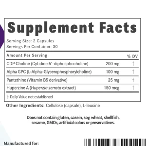 enterotone-supplement-facts Enterotone supplement facts: 200 mg CDP choline, 100 mg Alpha GPC, 25 mg pantethine and 150 mcg Huperzine A per two capsules
