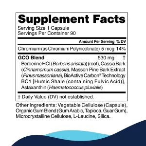 gco-supplement-facts GCO supplement facts panel: chromium and the GCO blend with berberine HCL, cassia bark, Masson pine bark, BioActive Carbon and astaxanthin