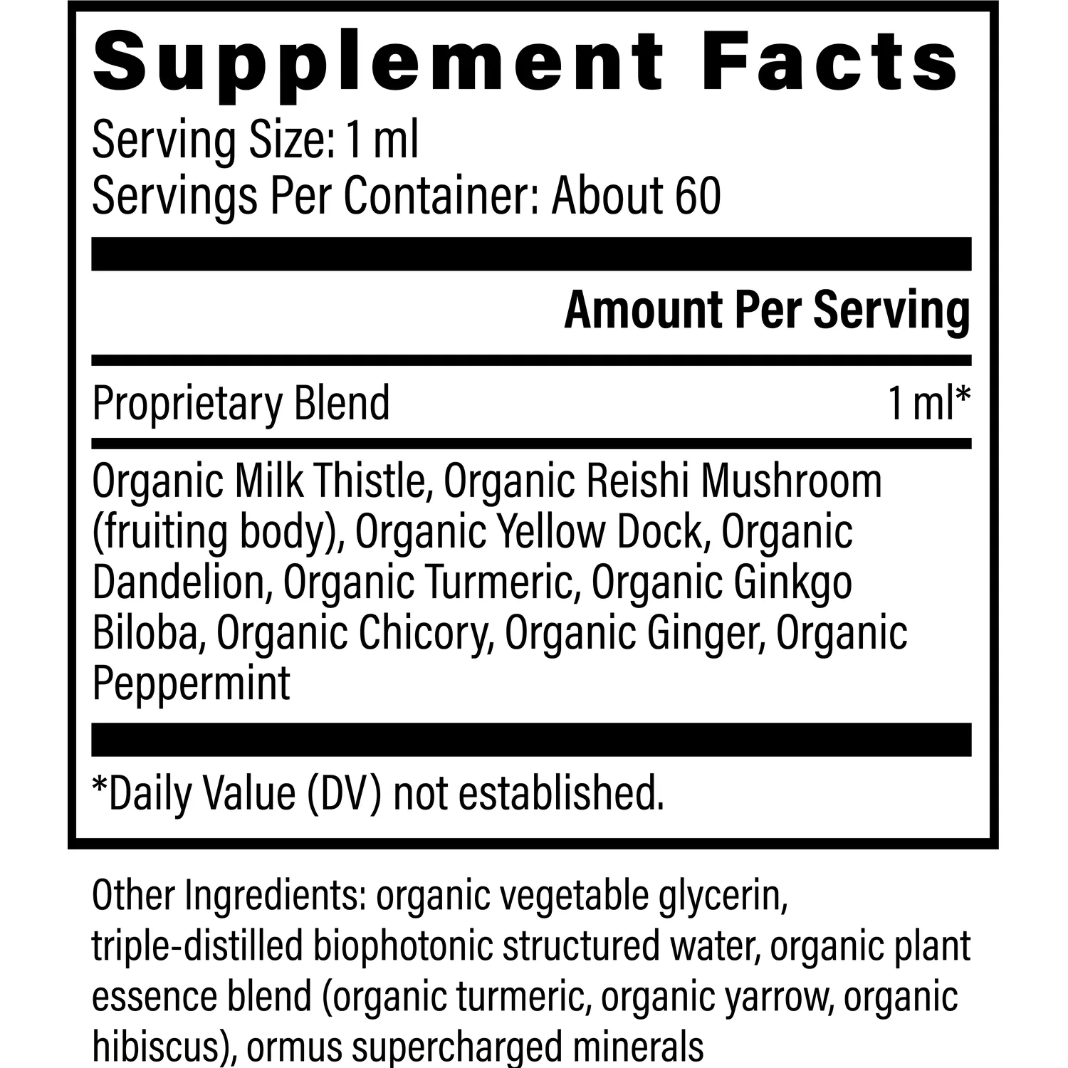 Liver Health supplement facts: organic milk thistle, reishi, yellow dock, dandelion, turmeric, ginkgo, chicory, ginger and peppermint