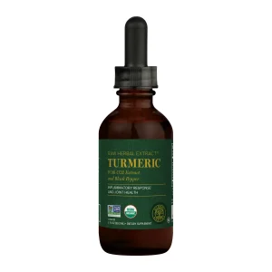 Global Healing Turmeric raw herbal extract, front of the 2 fl oz dropper bottle
