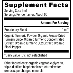 Global Healing Turmeric supplement facts — proprietary blend of four organic turmeric forms with organic black pepper