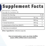 Glutathione NACET Complex supplement facts: 100 mg NACET, 200 mg S-acetyl glutathione, 500 mg glycine and 20 mcg selenium per two capsules