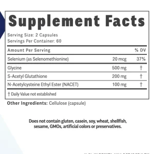 glutathione-nacet-supplement-facts Glutathione NACET Complex supplement facts: 100 mg NACET, 200 mg S-acetyl glutathione, 500 mg glycine and 20 mcg selenium per two capsules