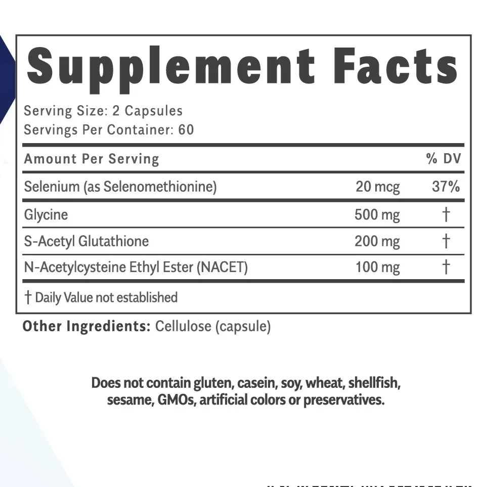 Glutathione NACET Complex supplement facts: 100 mg NACET, 200 mg S-acetyl glutathione, 500 mg glycine and 20 mcg selenium per two capsules