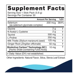 GlyNACtive supplement facts — glycine, NAC, selenium, taurine, milk thistle and ginger per stick pack