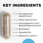 IFC capsule with its key ingredients: pomegranate seed extract, olive leaf extract, glucoraphanin from broccoli sprout, bromelain, astaxanthin and BioActive Carbon