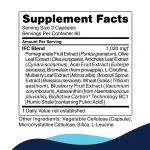 IFC supplement facts panel: the IFC blend with pomegranate, olive leaf, artichoke, acai, bromelain, mulberry, broccoli sprout, wheat grass, blueberry, astaxanthin and BioActive Carbon