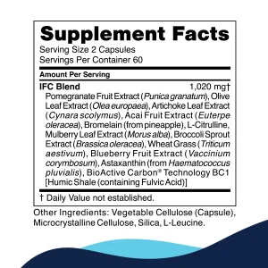 ifc-supplement-facts IFC supplement facts panel: the IFC blend with pomegranate, olive leaf, artichoke, acai, bromelain, mulberry, broccoli sprout, wheat grass, blueberry, astaxanthin and BioActive Carbon