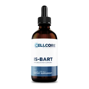 Front of the CellCore IS-BART immune system support tincture, a 4 fl oz amber dropper bottle