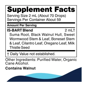 is-bart-supplement-facts IS-BART supplement facts panel: a 2 mL serve of the seven-herb blend in purified water and organic cane alcohol, contains walnut