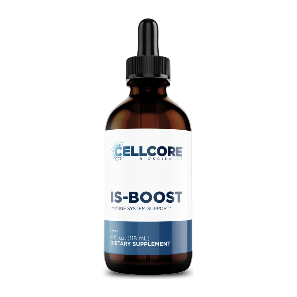 CellCore IS-BOOST immune system support tincture, front of the 4 fl oz amber dropper bottle