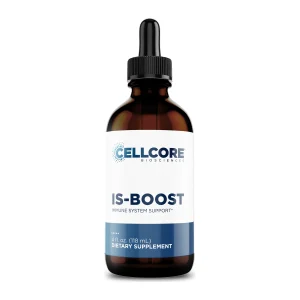 CellCore IS-BOOST immune system support tincture, front of the 4 fl oz amber dropper bottle