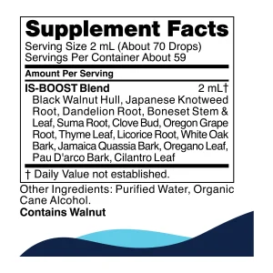 is-boost-supplement-facts IS-BOOST supplement facts panel: 2 mL serving of the 14-herb blend in purified water and organic cane alcohol, contains walnut