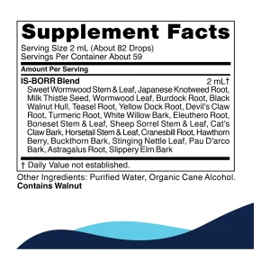is-borr-supplement-facts IS-BORR supplement facts panel: the 23-herb blend per 2 mL serving, with purified water and organic cane alcohol