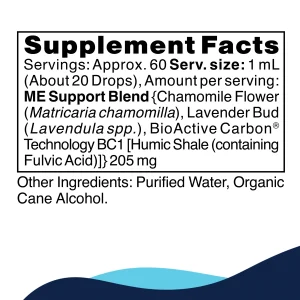 me-support-supplement-facts ME Support supplement facts panel: the ME Support blend with chamomile flower, lavender bud and BioActive Carbon