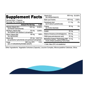 Methyl-B Complex supplement facts — activated B vitamins, methyl donors and BioActive Carbon per capsule