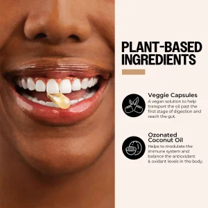 PurO3 graphic: veggie capsules carry the ozonated coconut oil past the first stage of digestion to reach the gut