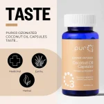 PurO3 graphic: the taste of ozonated coconut oil capsules — medicinal, earthy, herbal