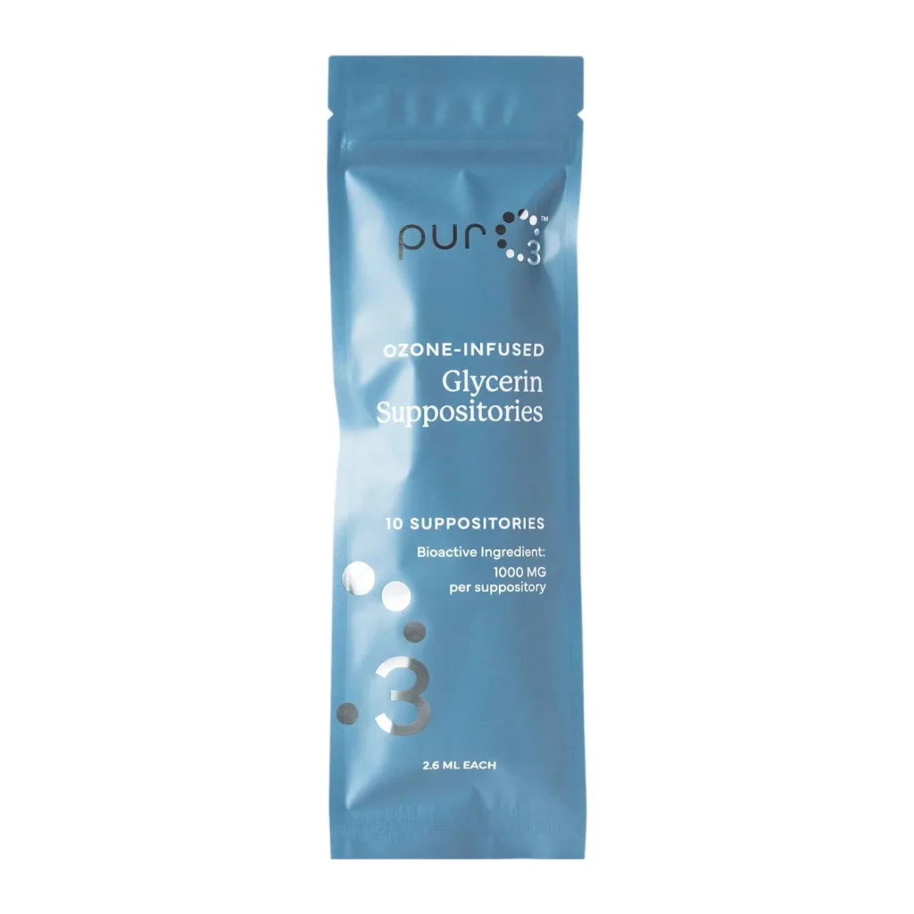 PurO3 Ozone-Infused Glycerin Suppositories, resealable bag of 10 suppositories, front