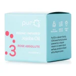 Side panel of the PurO3 Ozone-Infused Jojoba Oil with Rose box: recyclable, made in the USA, cruelty free