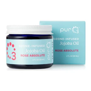 PurO3 Ozone-Infused Jojoba Oil with Rose jar beside its labelled 59 ml box