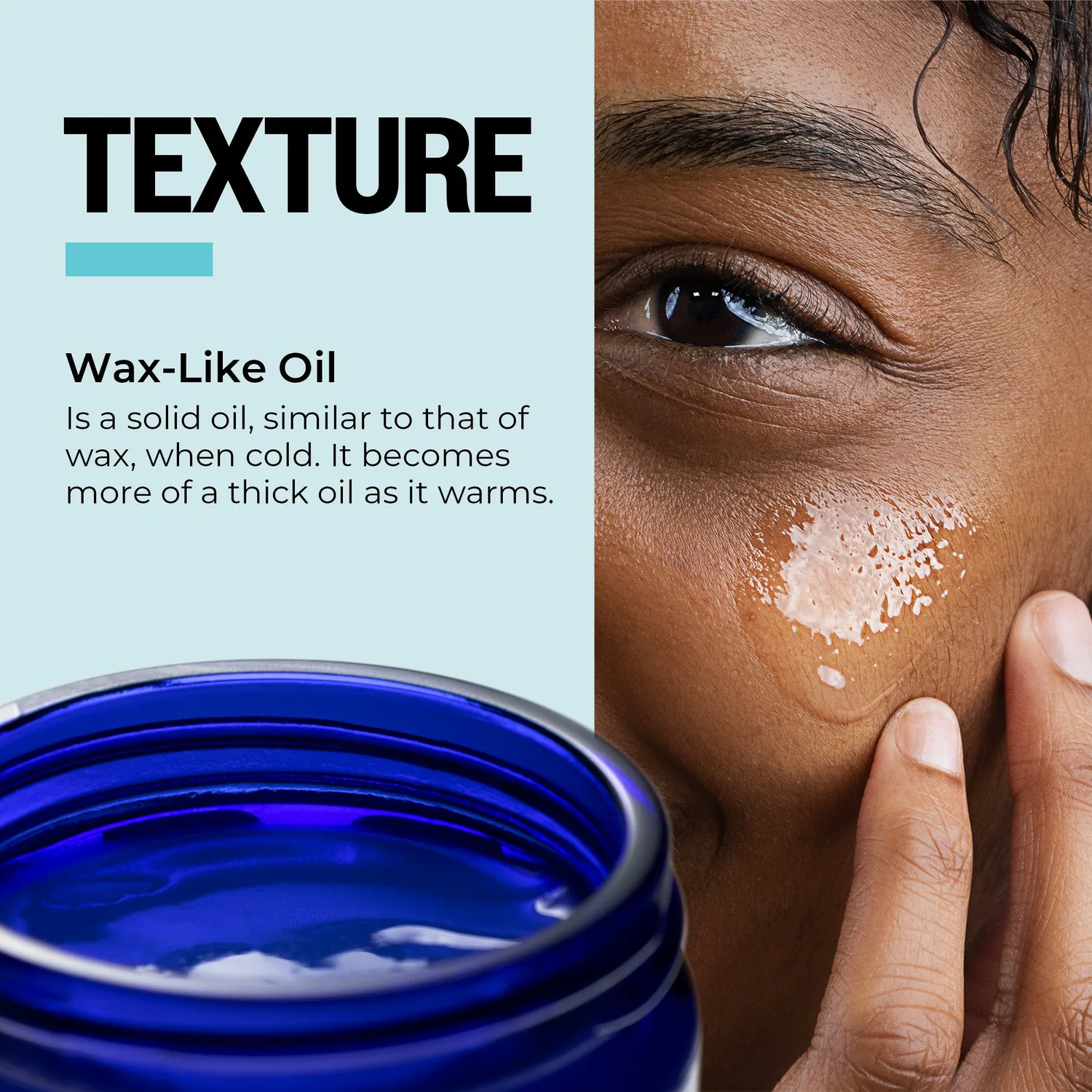 Texture of PurO3 ozone-infused jojoba oil: wax-like when cold, a thick oil as it warms on the skin