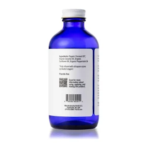 Back label of PurO3 Oil Pulling Solution listing the ingredients: organic coconut oil fully infused with ozone, plus sesame, sunflower and peppermint oil
