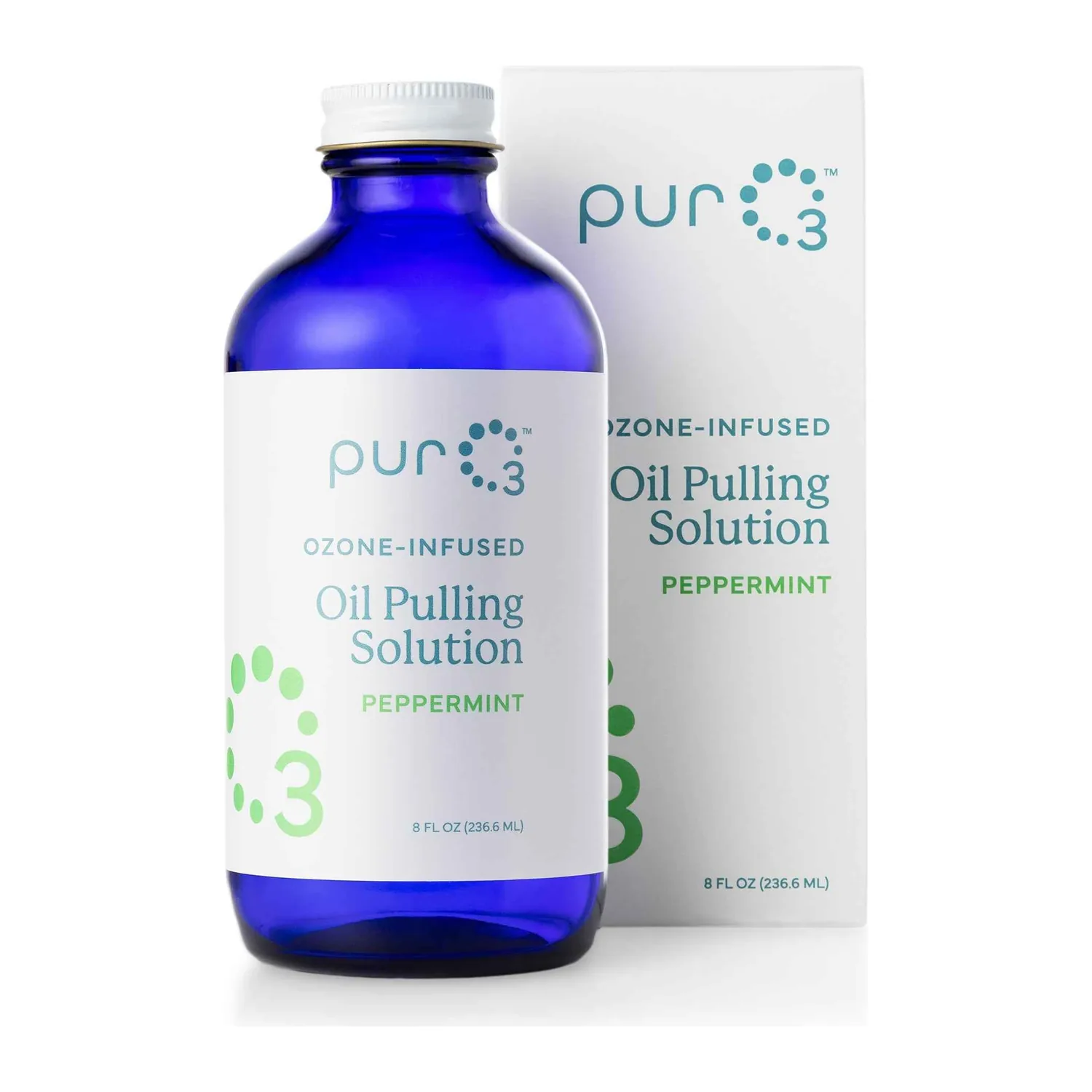 PurO3 Ozone-Infused Oil Pulling Solution peppermint bottle, 8 fl oz (236.6 ml), with its box