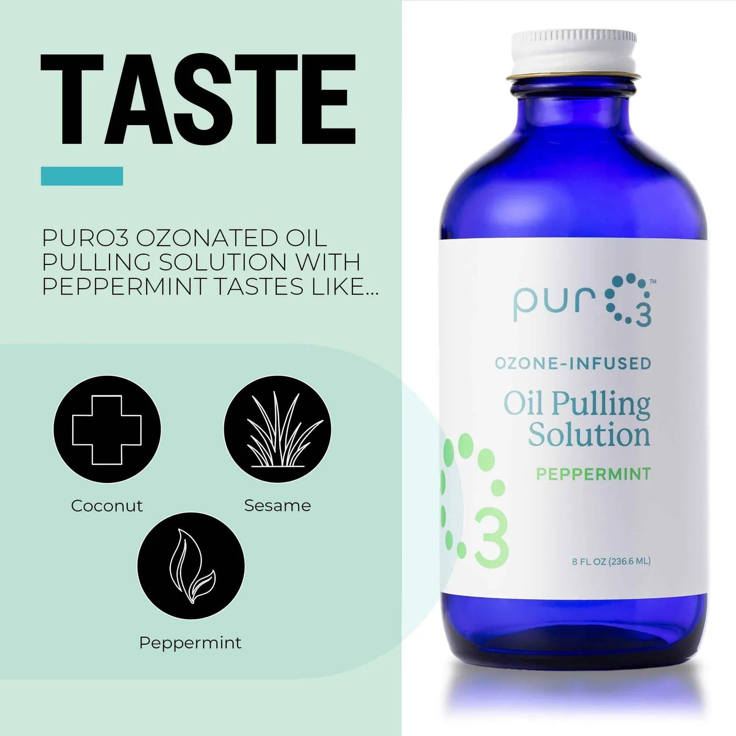 PurO3 graphic: the taste of the peppermint oil pulling solution — coconut, sesame, peppermint