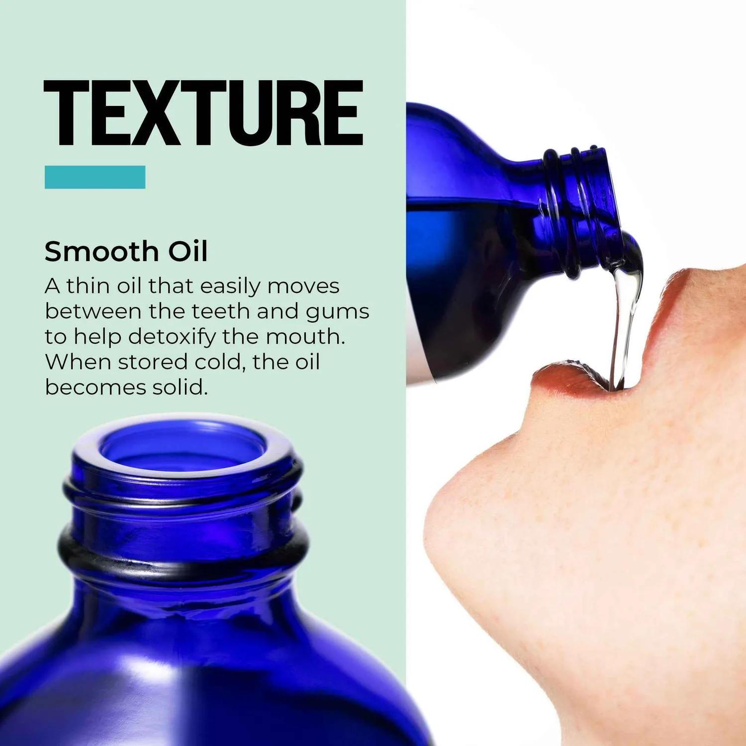 PurO3 graphic: a thin, smooth oil that moves easily between teeth and gums; stored cold it becomes solid