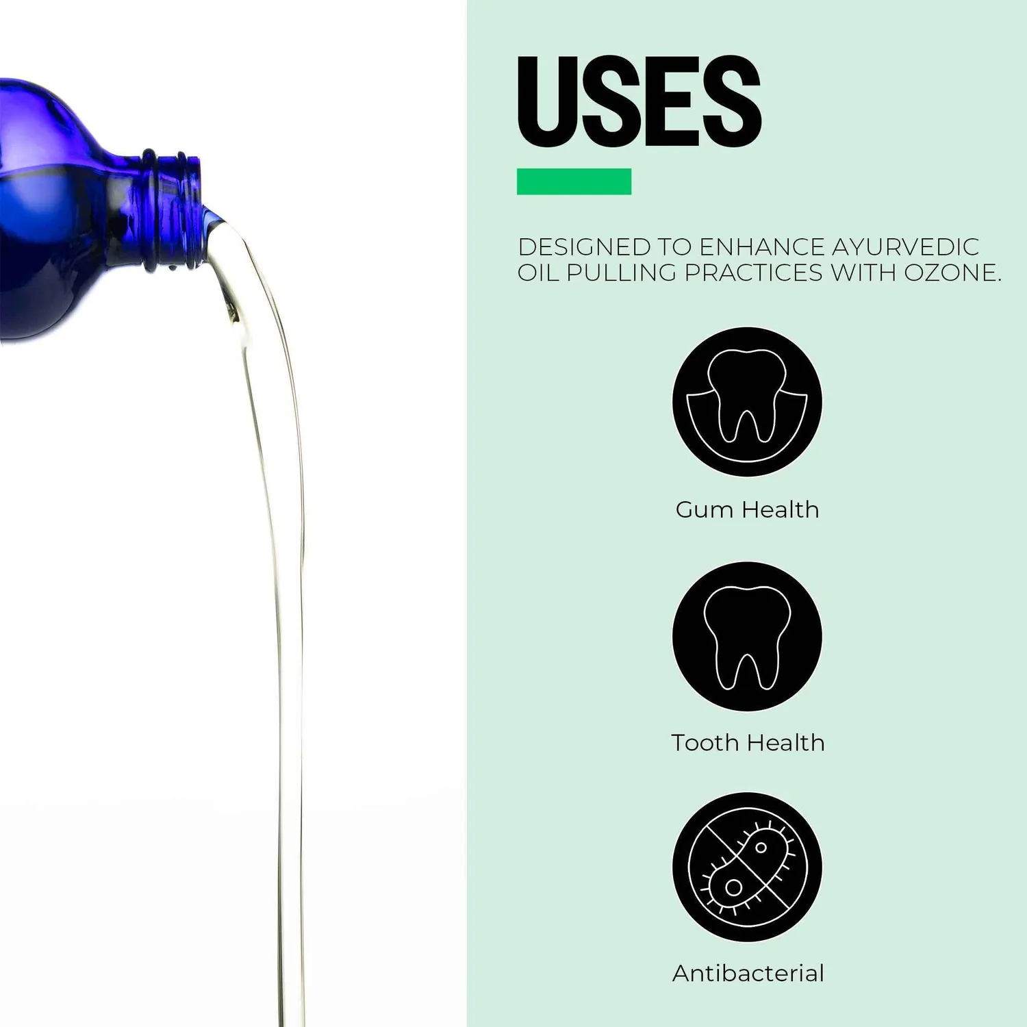 PurO3 graphic: designed to enhance Ayurvedic oil pulling with ozone — gum health, tooth health, antibacterial