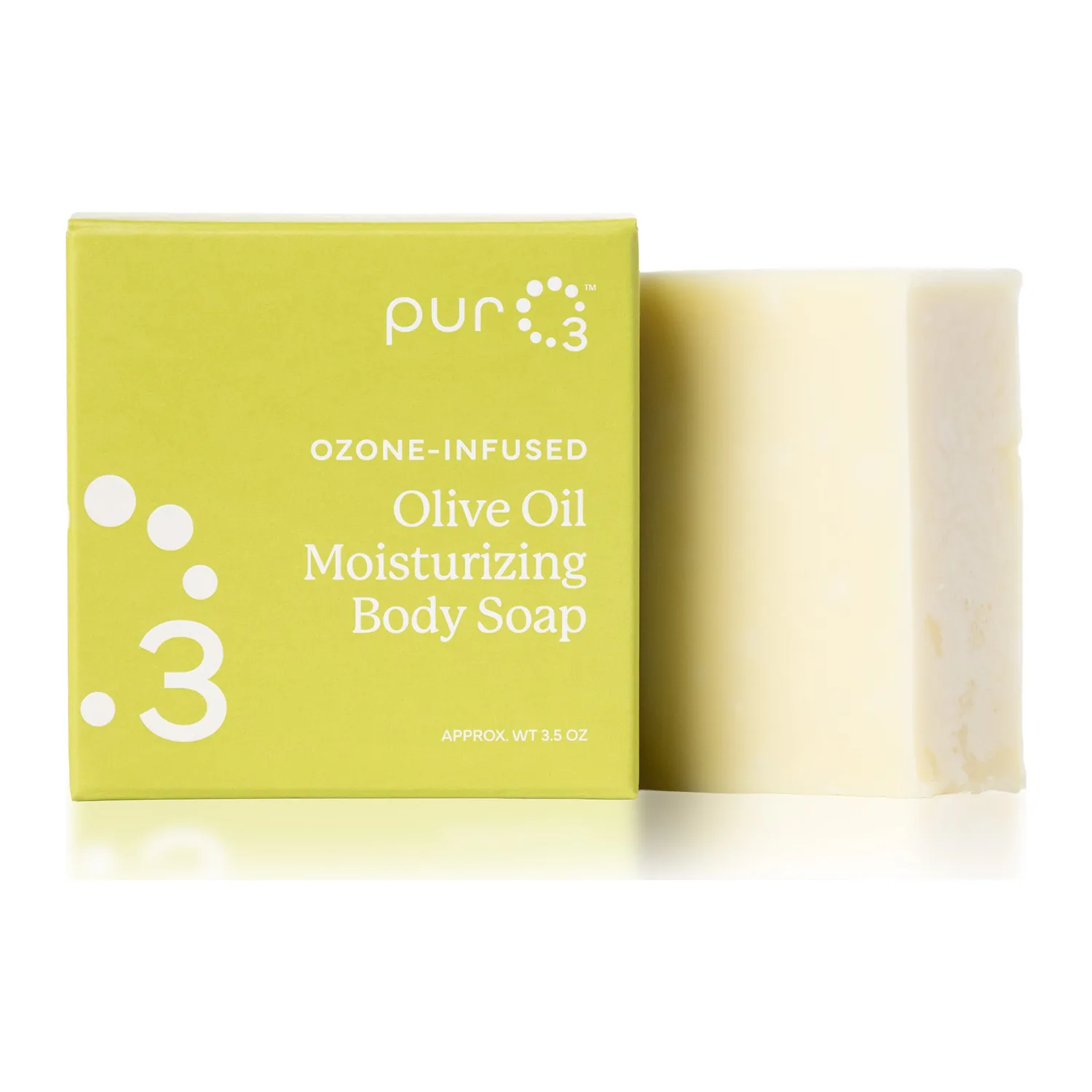 PurO3 Ozone-Infused Olive Oil Soap bar standing beside its box