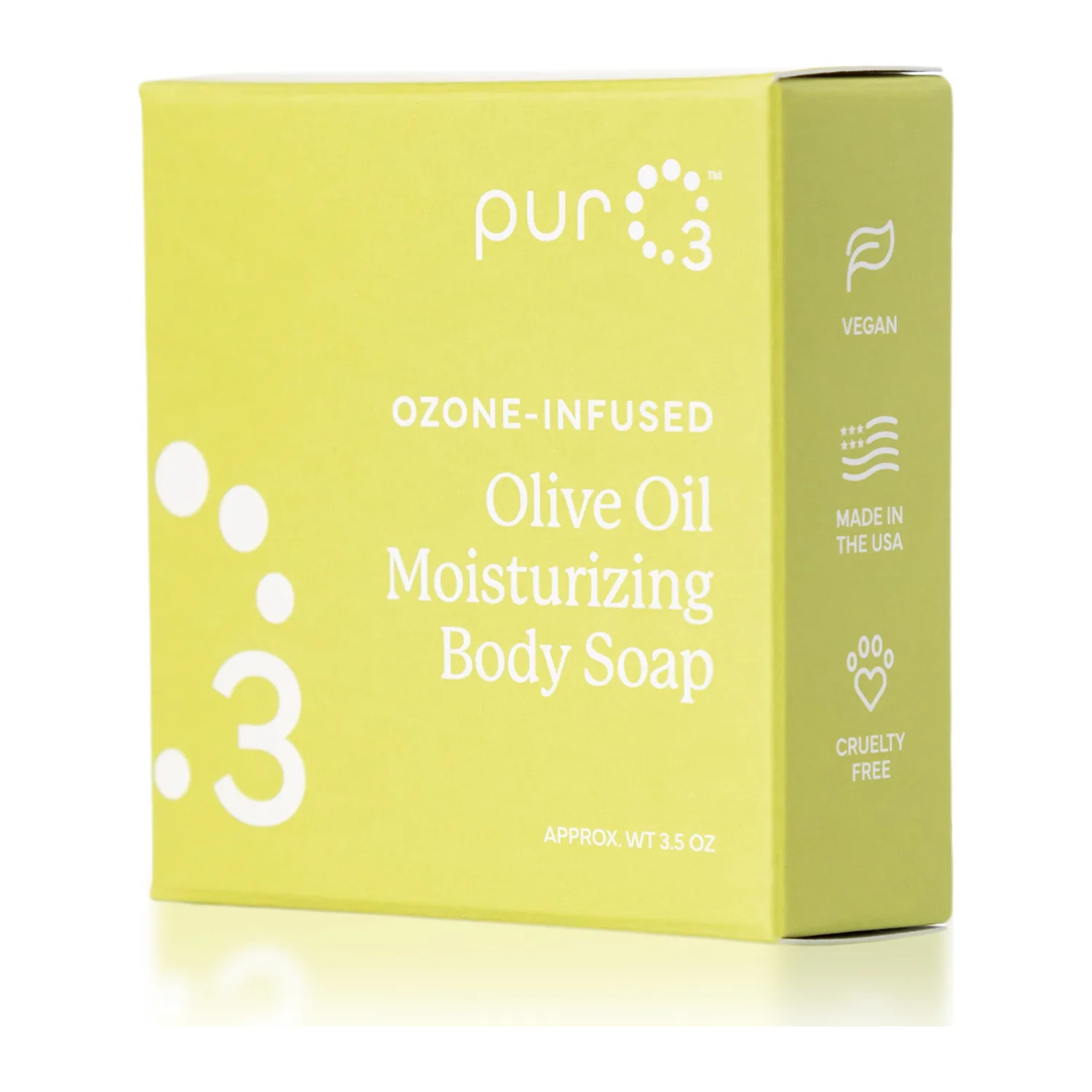 PurO3 Ozone-Infused Olive Oil Soap packaging: vegan, made in the USA, cruelty free