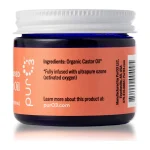Back label of PurO3 Ozone-Infused Castor Oil listing the single ingredient: organic castor oil fully infused with ultrapure ozone