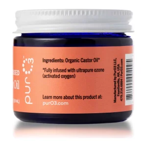 Back label of PurO3 Ozone-Infused Castor Oil listing the single ingredient: organic castor oil fully infused with ultrapure ozone