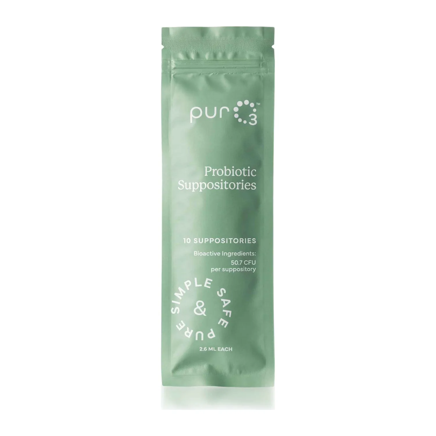PurO3 Probiotic Suppositories, resealable bag of 10 suppositories, front