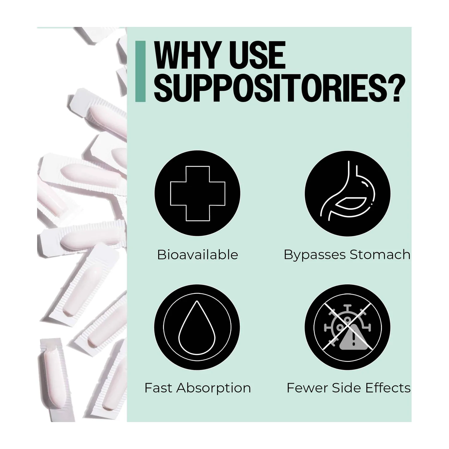 PurO3 graphic: why use suppositories — bioavailable, bypasses the stomach, fast absorption