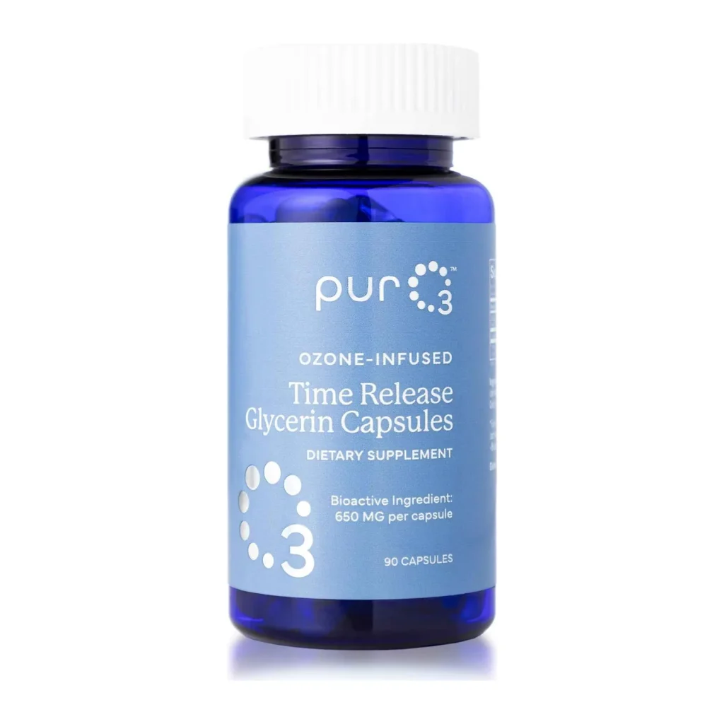 PurO3 Ozone-Infused Time Release Glycerin Capsules, blue bottle of 90 capsules, front