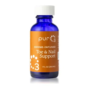 PurO3 Ozone-Infused Toe & Nail Support, front of the 1 fl oz blue glass bottle