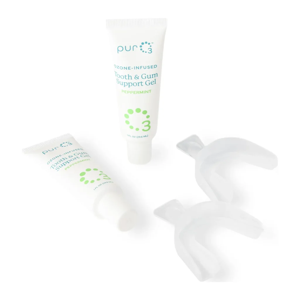 PurO3 Ozone-Infused Tooth & Gum Care Kit, two 1 fl oz peppermint gel tubes with two mouldable mouth trays
