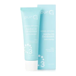 puro3-unscented-jojoba-deodorant-box PurO3 Unscented Jojoba Oil Deodorant tube beside its box, vegan and aluminium-free