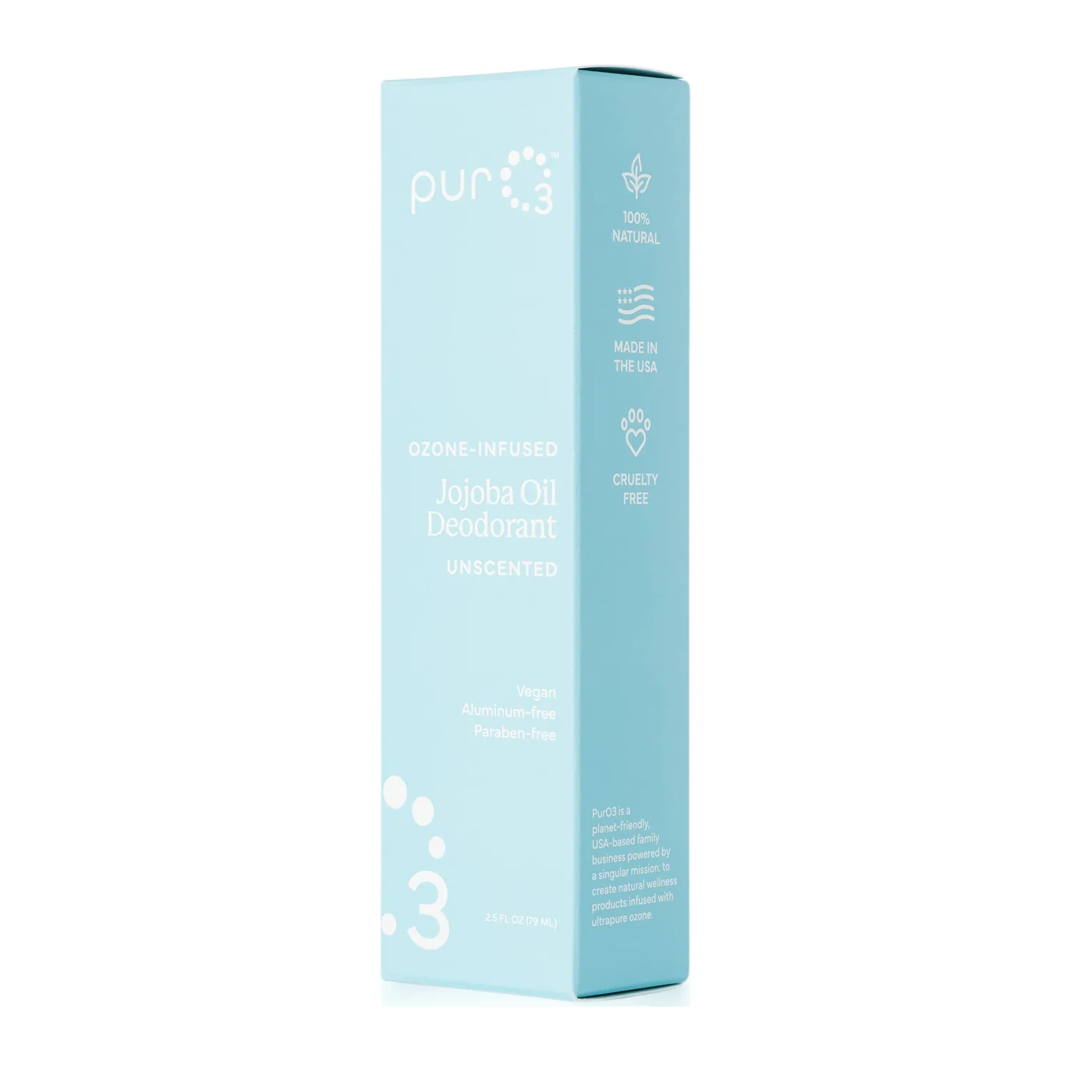 Box of PurO3 Unscented Jojoba Oil Deodorant showing 100% natural, made in the USA and cruelty-free