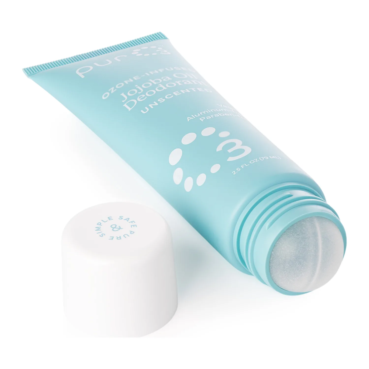 PurO3 Unscented Jojoba Oil Deodorant with the cap off, showing the roll-on ball