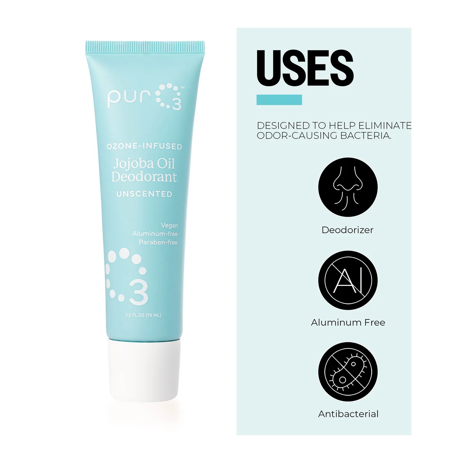 Uses of PurO3 Unscented Jojoba Oil Deodorant: deodoriser, aluminium-free and antibacterial
