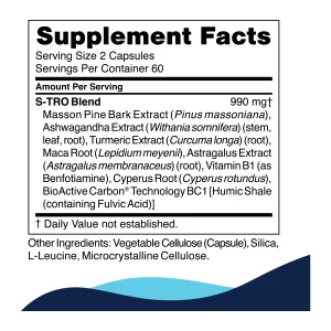 s-tro-supplement-facts S-TRO supplement facts — 990 mg adaptogenic blend per two-capsule serving