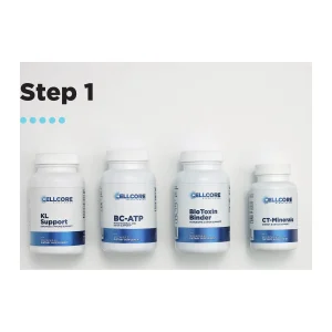 CellCore Step 1 kit: KL Support, BC-ATP, BioToxin Binder and CT-Minerals bottles side by side