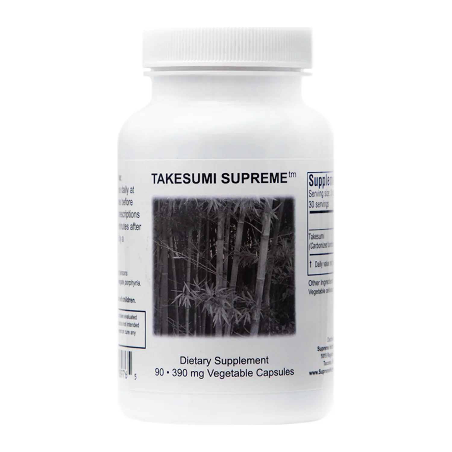 Supreme Nutrition Takesumi Supreme carbonised bamboo capsules, front of bottle, 90 capsules